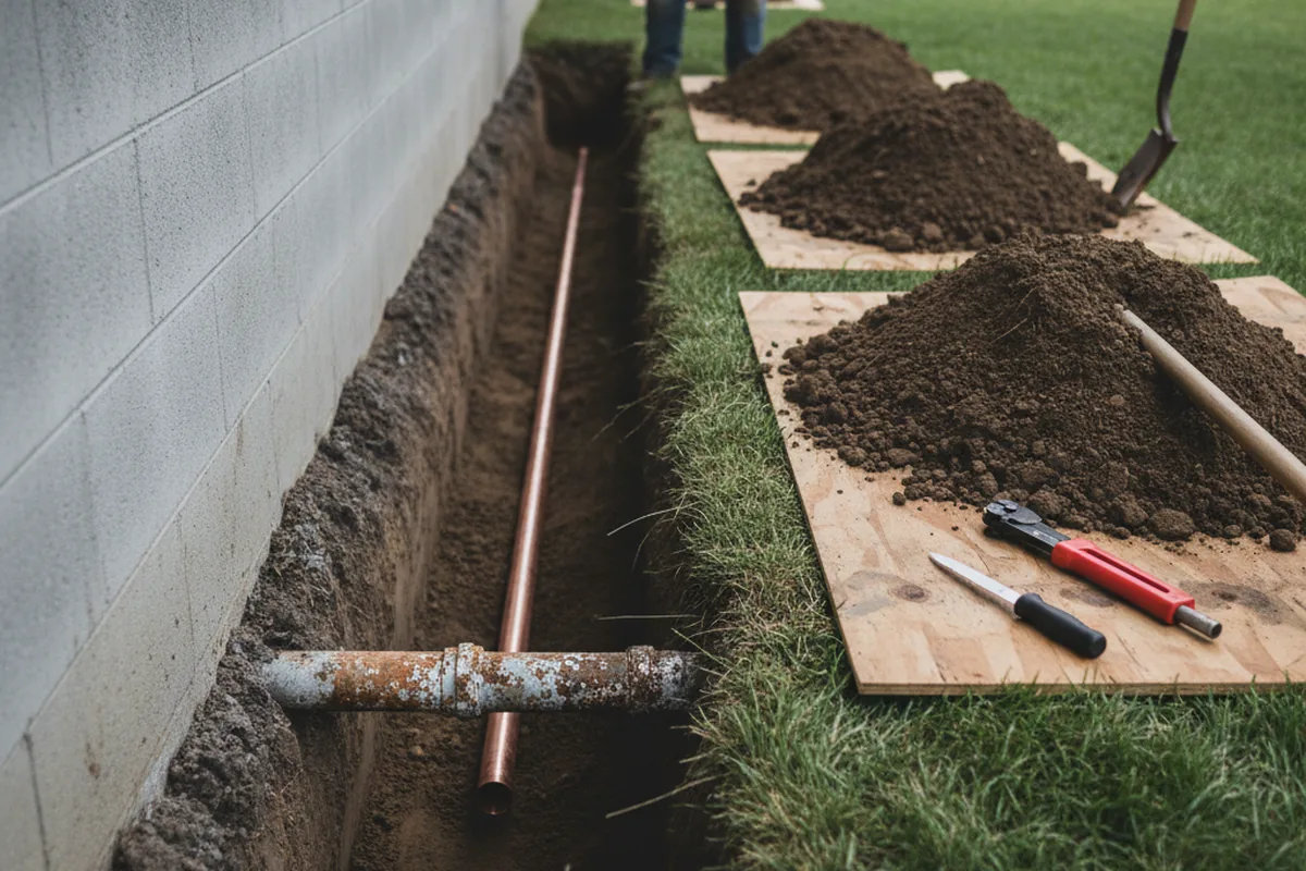 Excavated water line trench during Water Softener Installation in Woodville